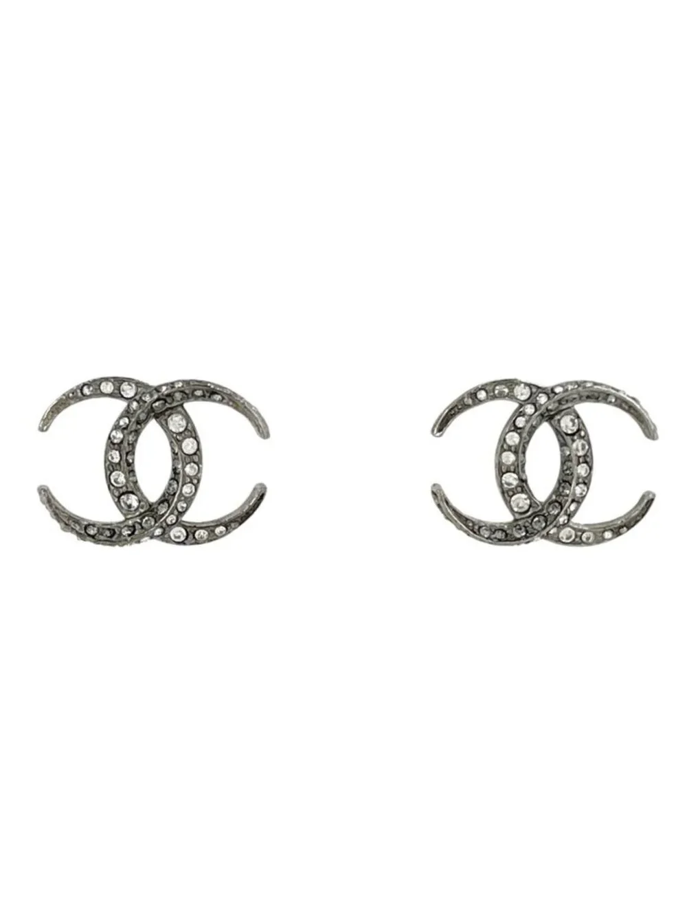Chanel Earrings CC Logo Silver Plated Rhinestone